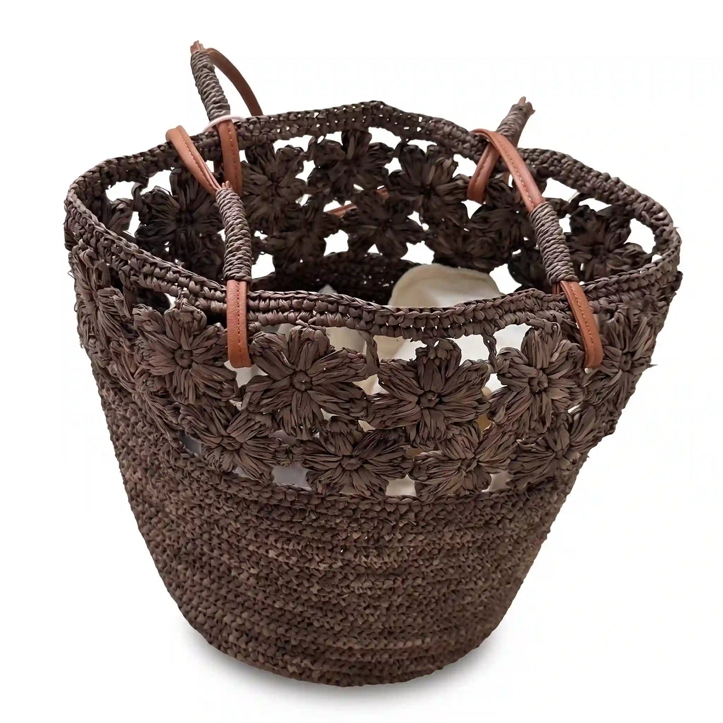 Floral Openwork Woven Basket Bag