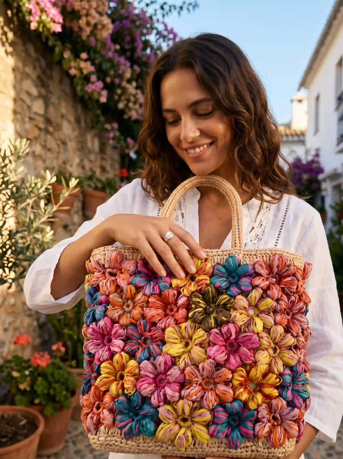The Artisan 3D Floral Raffia Tote