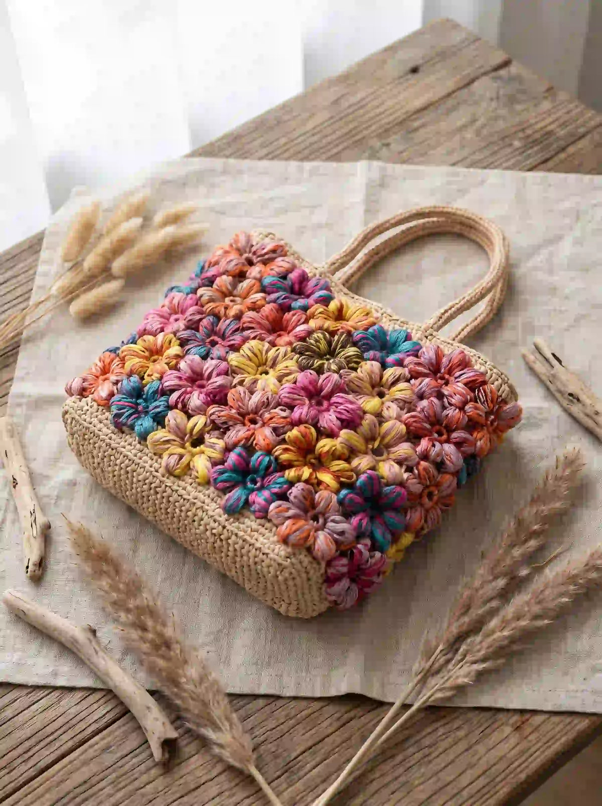 The Artisan 3D Floral Raffia Tote