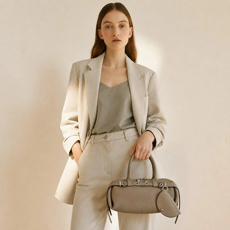 Taupe east-west leather satchel styled with a neutral tailored outfit