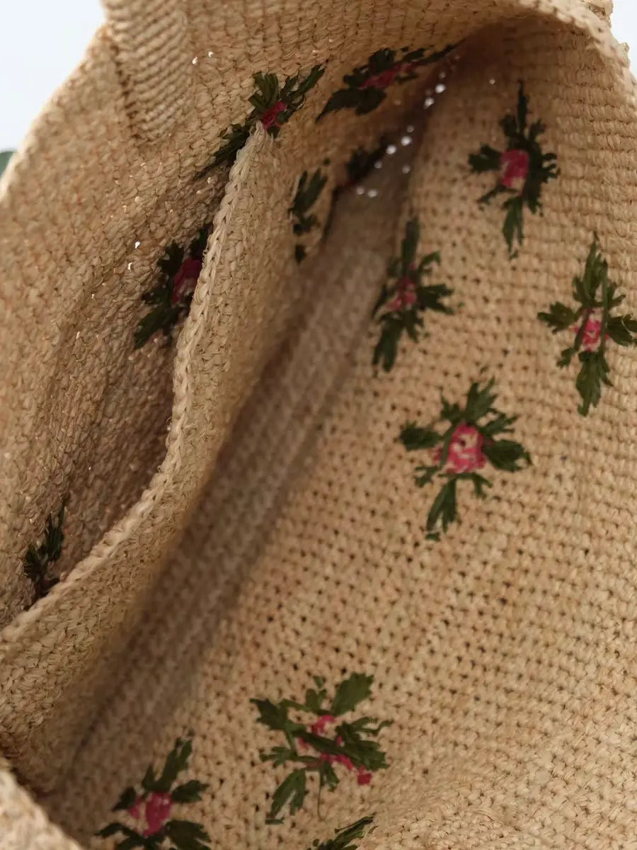 Handwoven Rose Raffia Tote Bag
