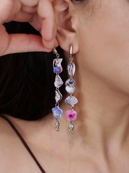 Handmade resin composite mismatched earrings with heart charm and rose bloom, hypoallergenic 925 sterling silver posts