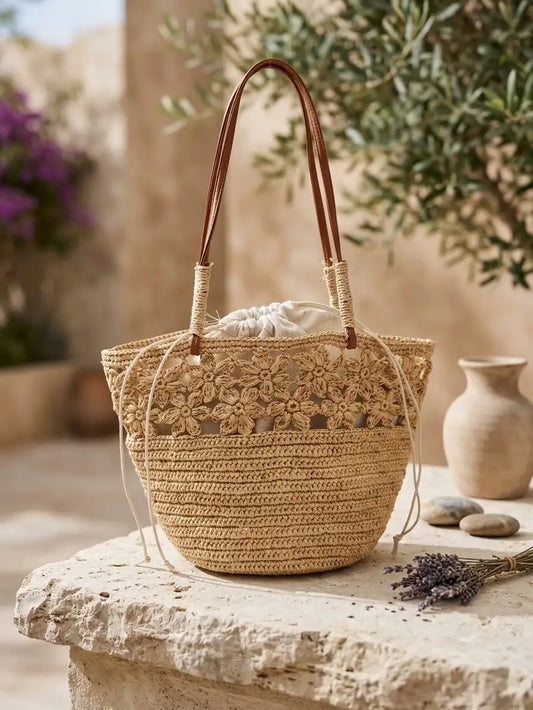 Floral Openwork Woven Basket Bag
