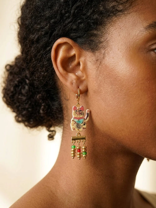 "Fortune's Beckon" Vintage Lucky Cat Tassel Earrings