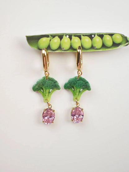 Pop-art statement earrings featuring hyper-realistic broccoli and light-catching crystal — unique graphic charm earrings by HERIZONE