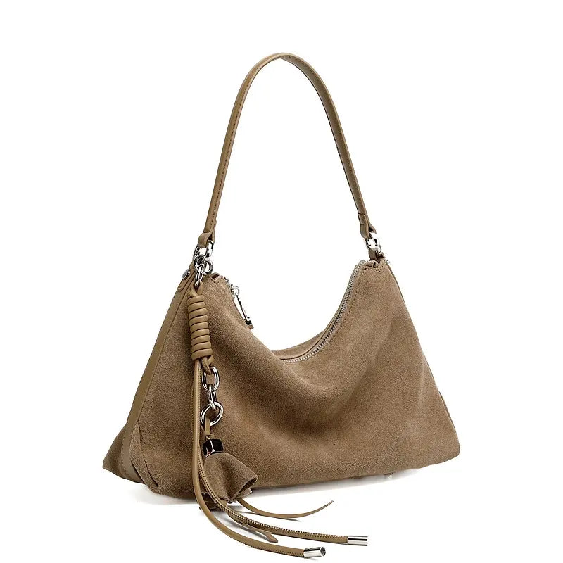Slouchy Suede Hobo Bag with Braided Tassel
