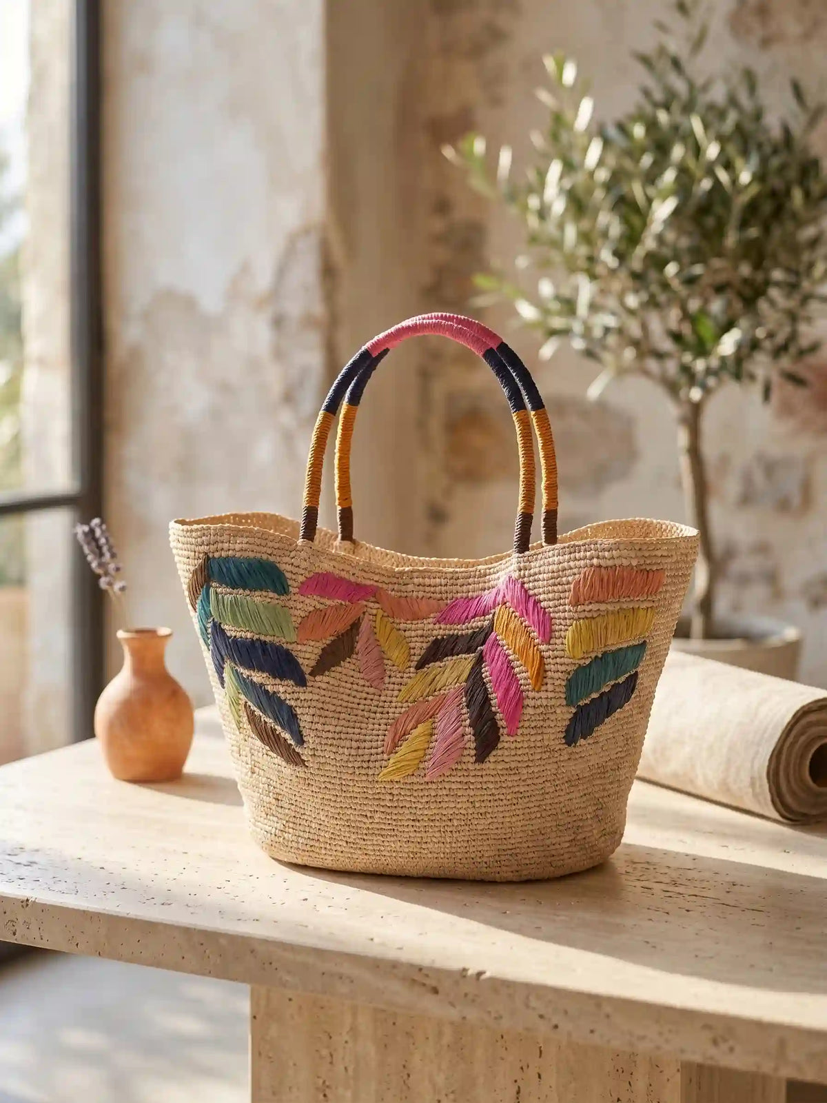 Embroidered Raffia Bag