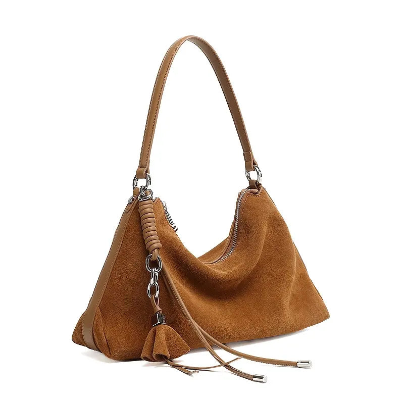 Slouchy Suede Hobo Bag with Braided Tassel