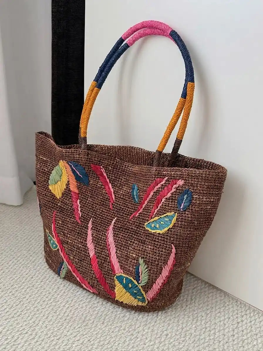 Embroidered Raffia Bag