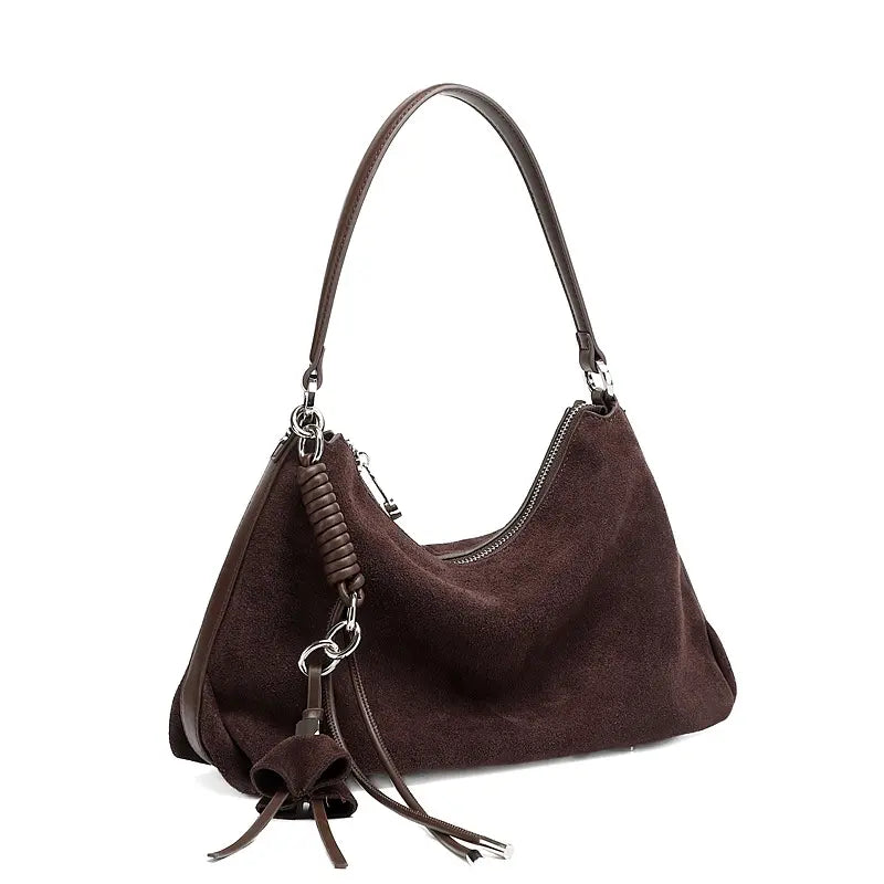 Slouchy Suede Hobo Bag with Braided Tassel