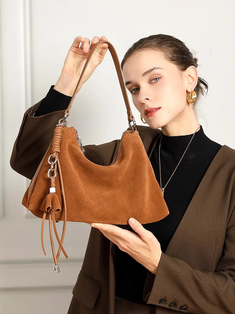 Slouchy Suede Hobo Bag with Braided Tassel