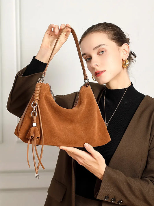 Slouchy Suede Hobo Bag with Braided Tassel