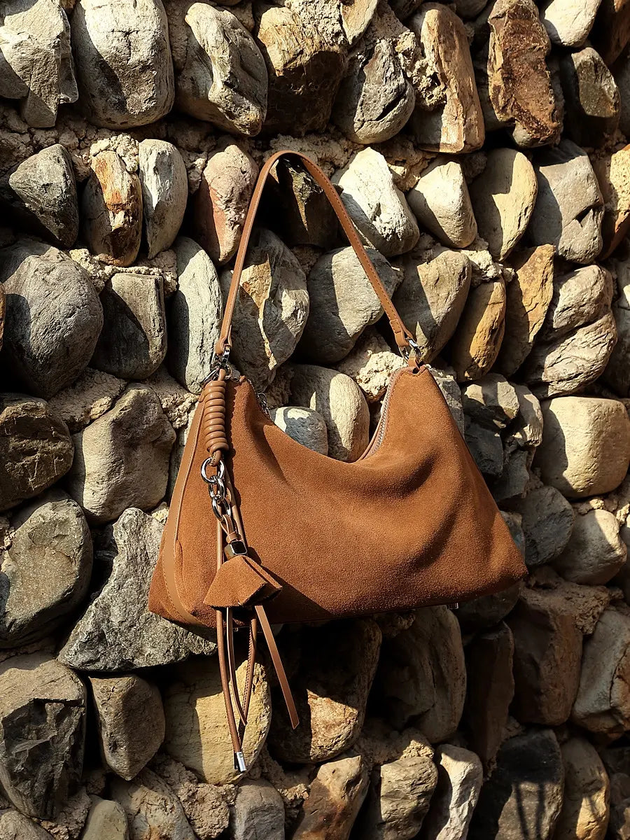 Slouchy Suede Hobo Bag with Braided Tassel