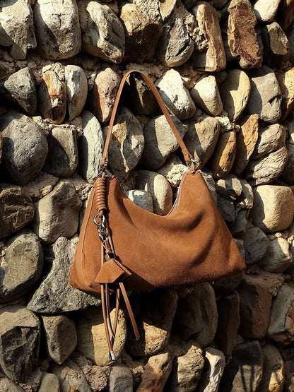 Slouchy Suede Hobo Bag with Braided Tassel