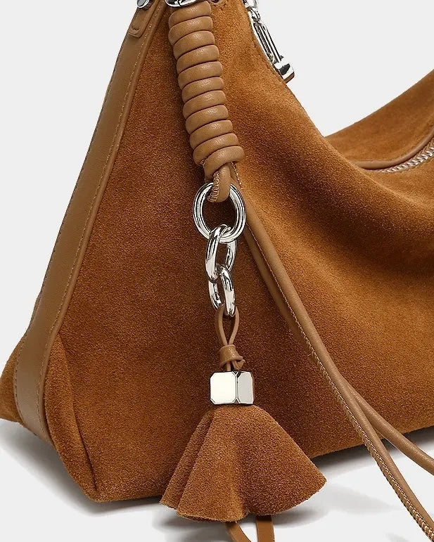 Slouchy Suede Hobo Bag with Braided Tassel