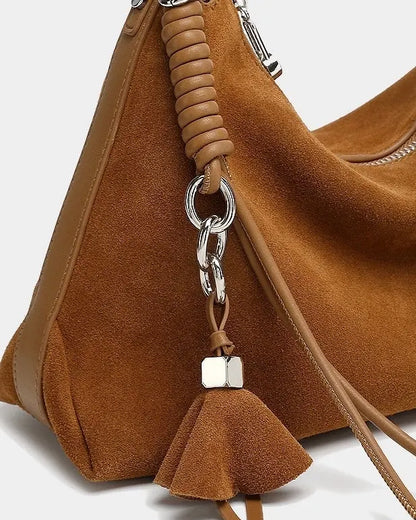 Slouchy Suede Hobo Bag with Braided Tassel