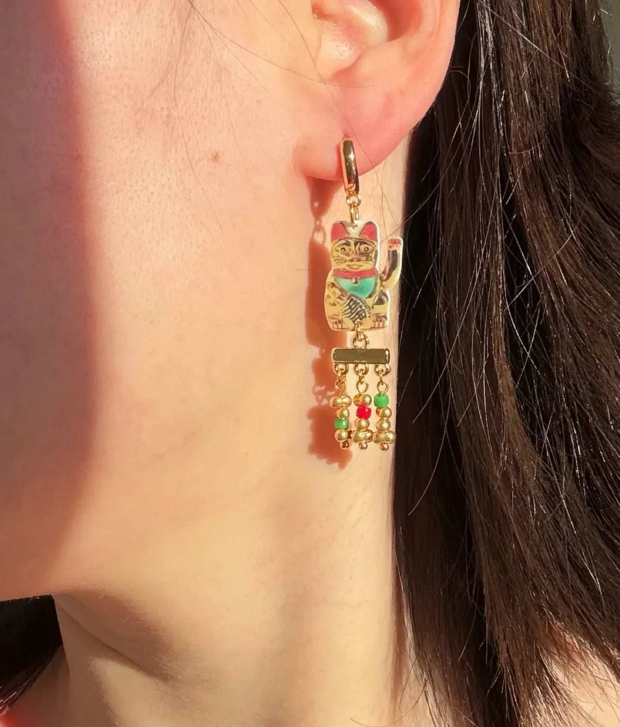 "Fortune's Beckon" Vintage Lucky Cat Tassel Earrings