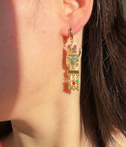 "Fortune's Beckon" Vintage Lucky Cat Tassel Earrings