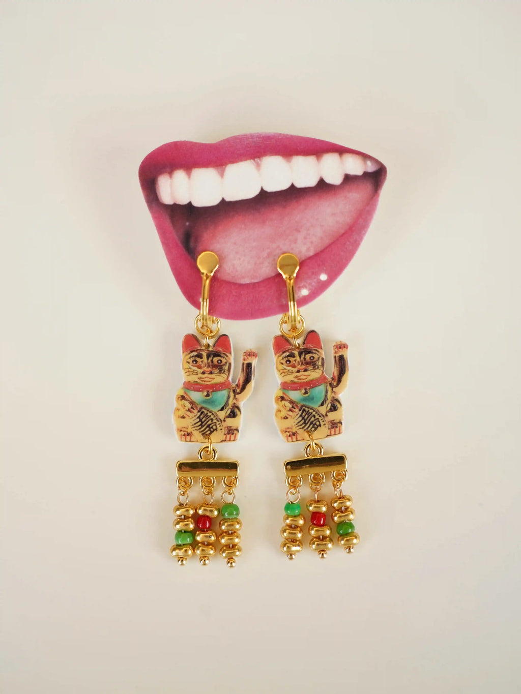 "Fortune's Beckon" Vintage Lucky Cat Tassel Earrings