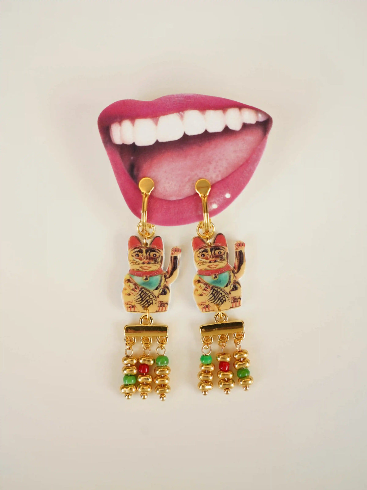 "Fortune's Beckon" Vintage Lucky Cat Tassel Earrings