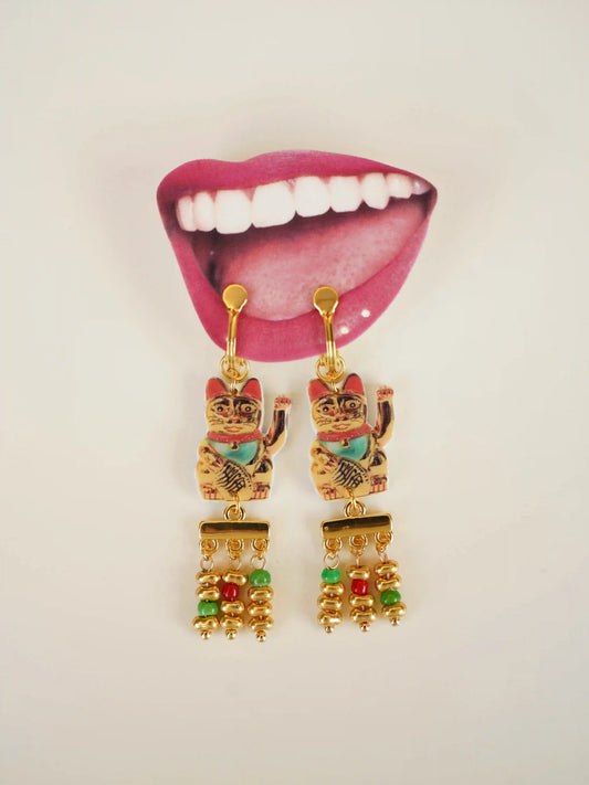 "Fortune's Beckon" Vintage Lucky Cat Tassel Earrings