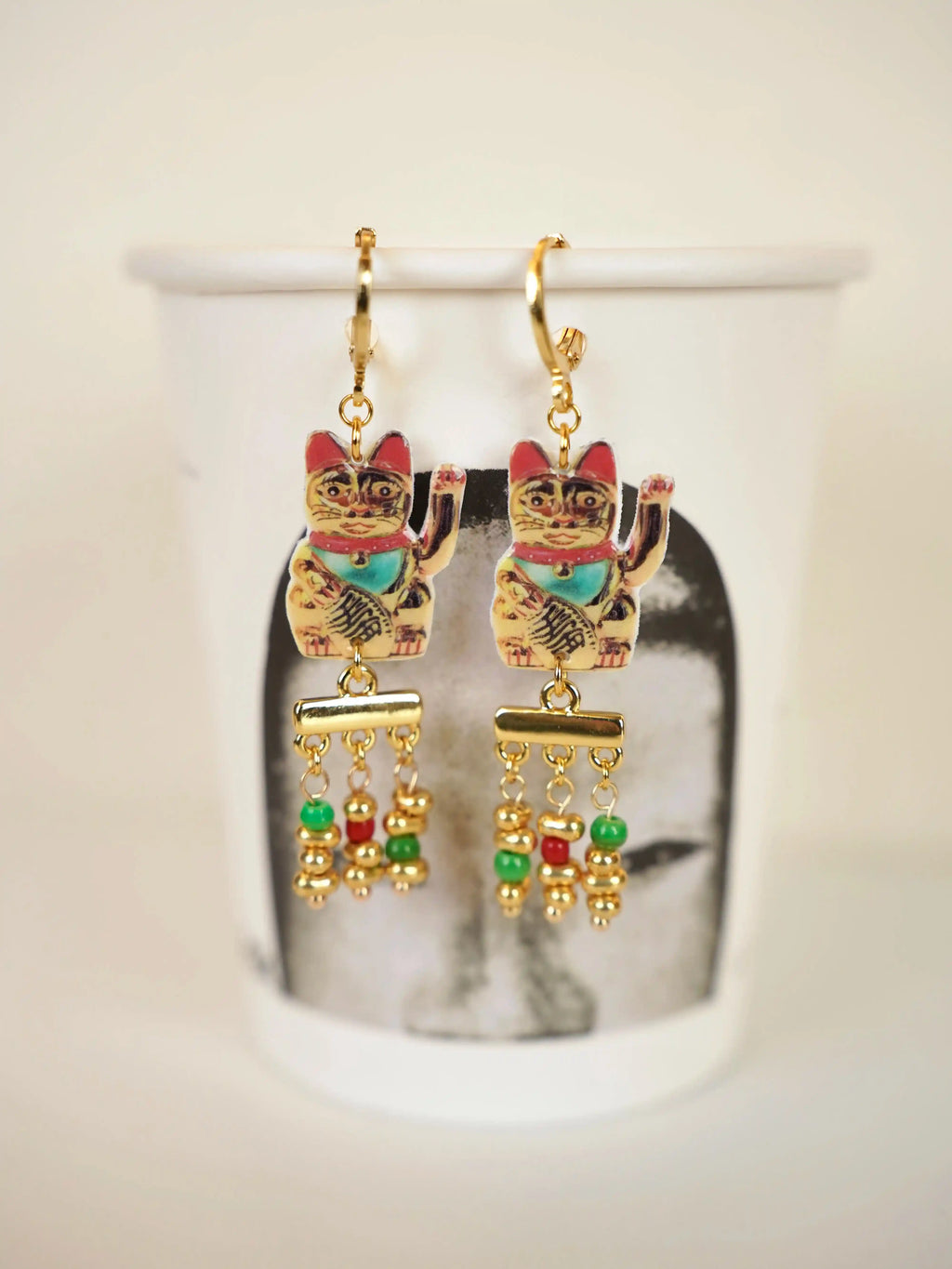 "Fortune's Beckon" Vintage Lucky Cat Tassel Earrings