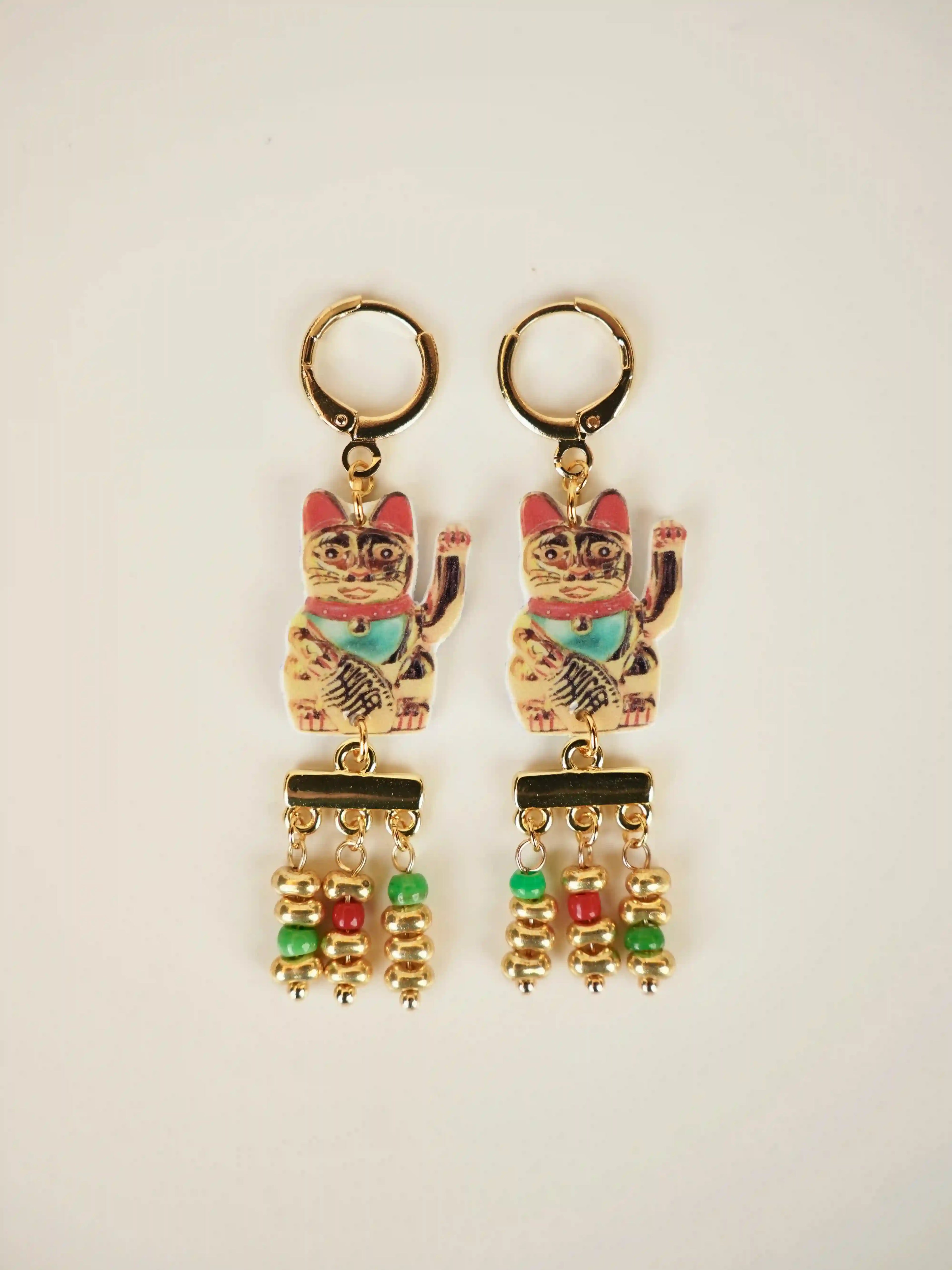 "Fortune's Beckon" Vintage Lucky Cat Tassel Earrings