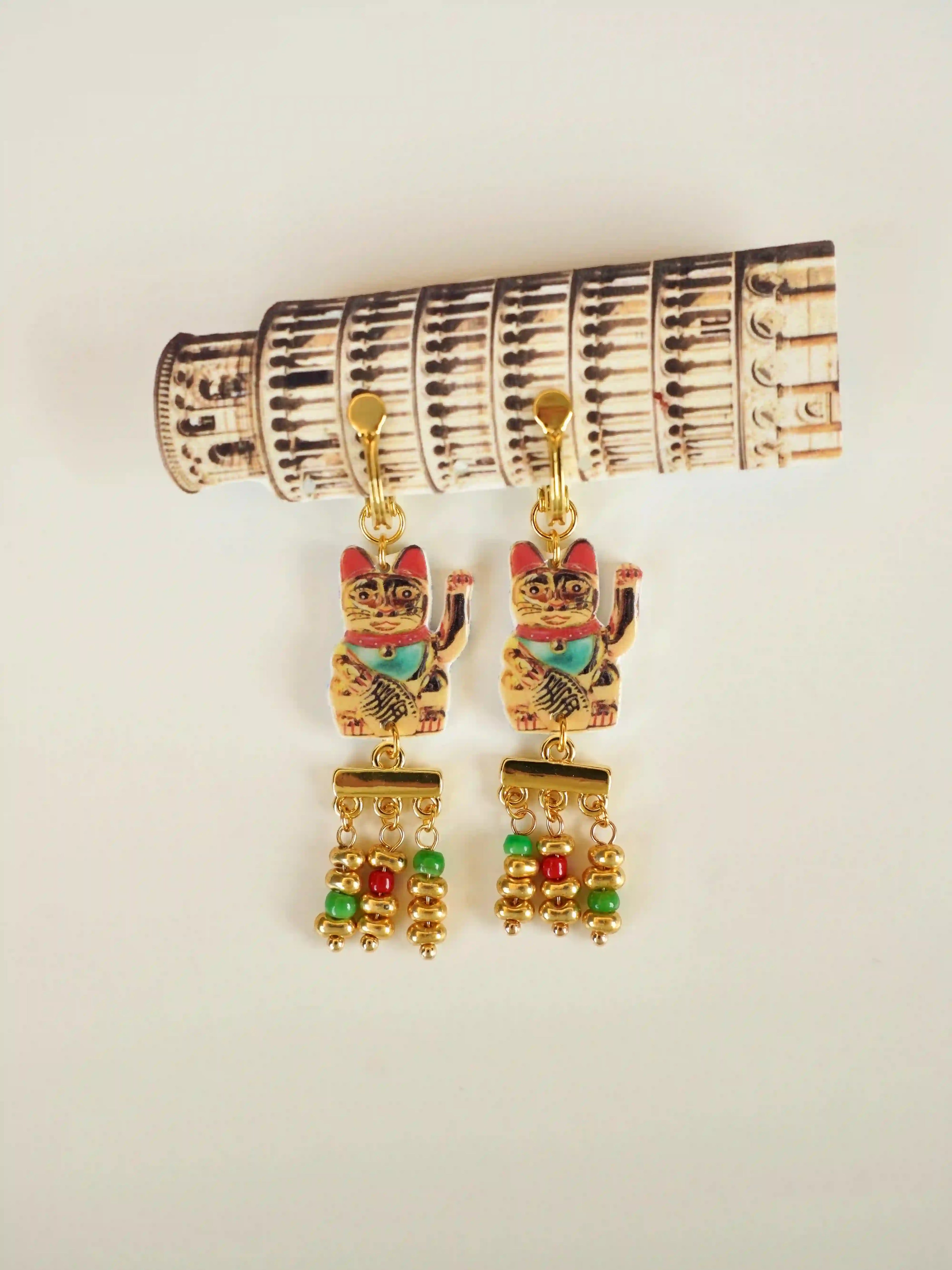 "Fortune's Beckon" Vintage Lucky Cat Tassel Earrings
