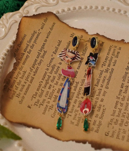 Close-up of handmade resin composite vintage drop earrings with whimsical everyday charm details by HERIZONE