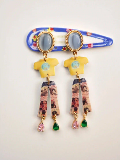 Wearable art earrings with miniature fashion charms — handcrafted asymmetrical dangle earrings by HERIZONE
