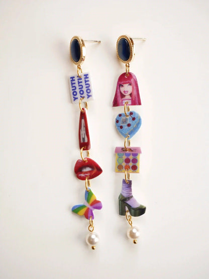 Princess Mismatched Graphic Charm Earrings with YOUTH graphic, rainbow butterfly and pop-art lips — handcrafted resin composite by HERIZONE