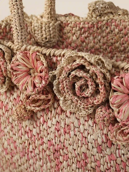 The Roseraie Handcrafted Floral Raffia Basket Tote