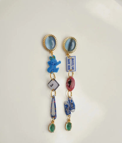 Blue Bunny Mismatched Graphic Charm Earrings with retro Esc key and pop-art eye — handcrafted resin composite by HERIZONE