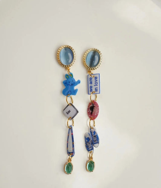 Blue Bunny Mismatched Graphic Charm Earrings with retro Esc key and pop-art eye — handcrafted resin composite by HERIZONE