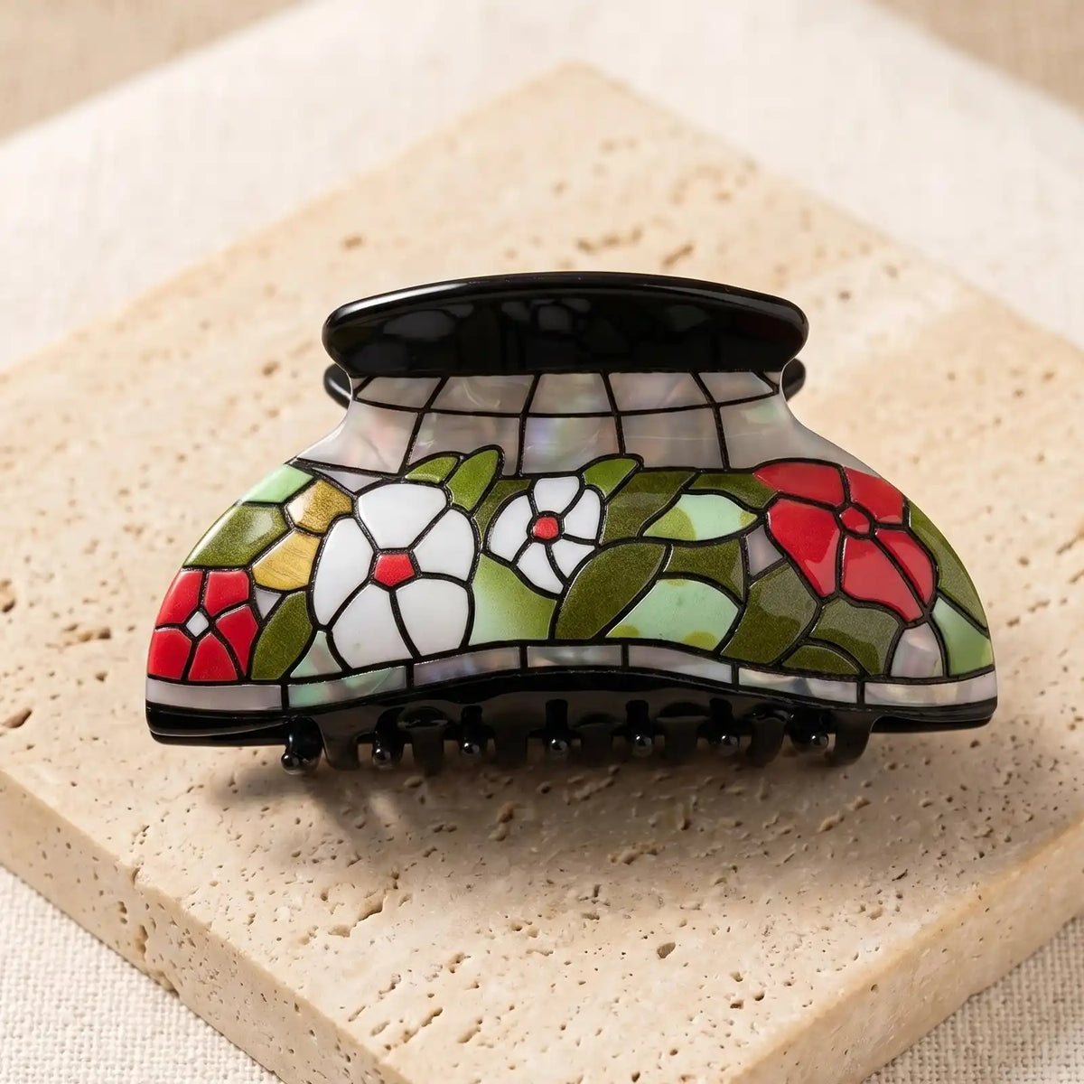 Garden Lantern Hair Claw in Wild Rose - Floral Stained Glass Hair Clip | HERIZONE
