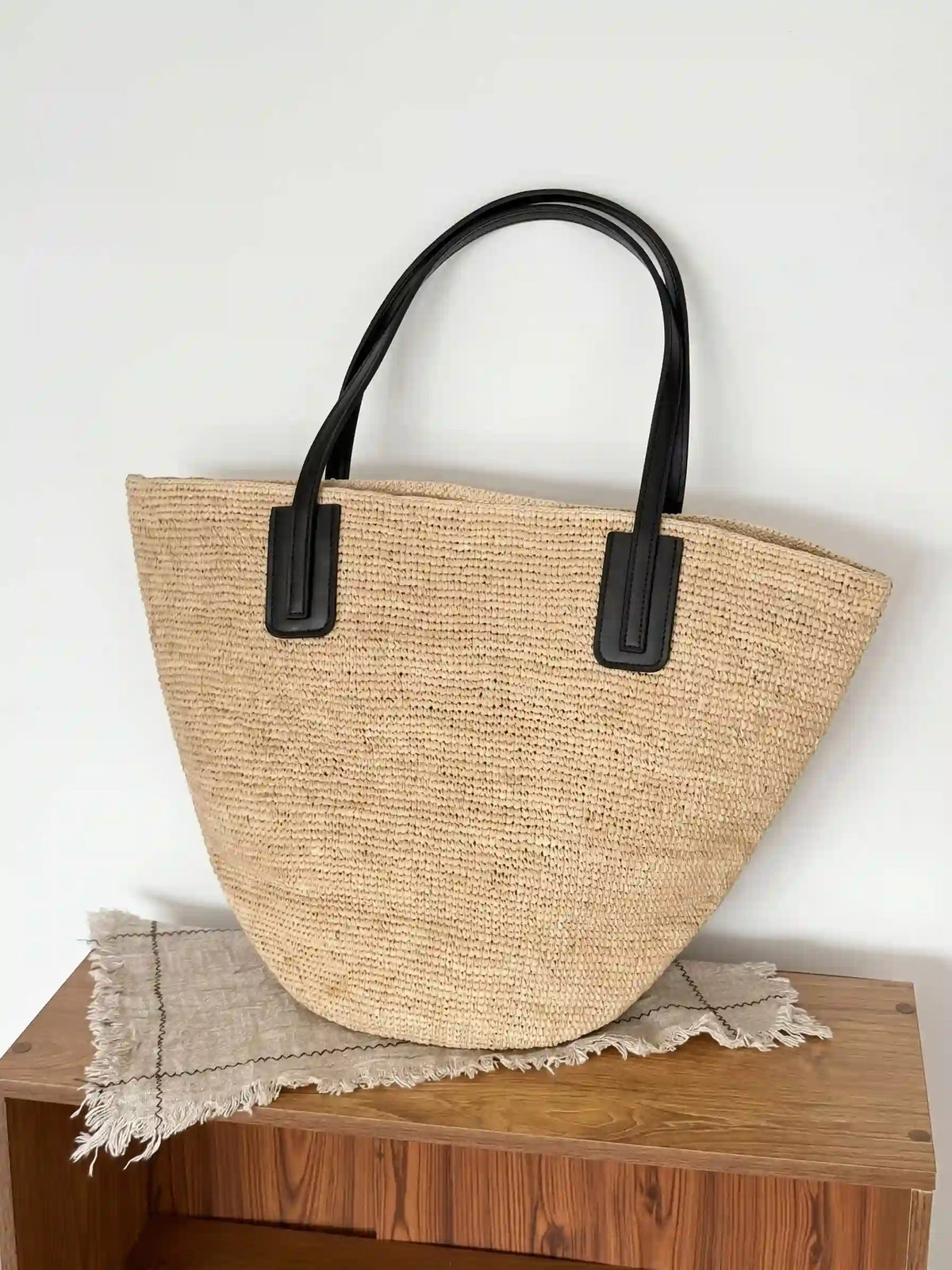 Handwoven Raffia Tote with Leather Straps