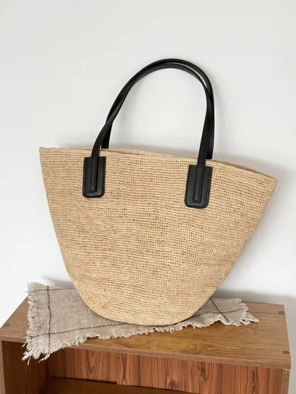 Handwoven Raffia Tote with Leather Straps