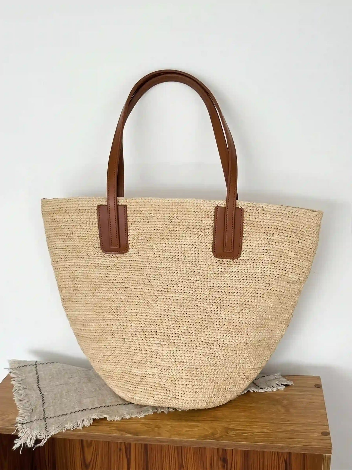 Handwoven Raffia Tote with Leather Straps