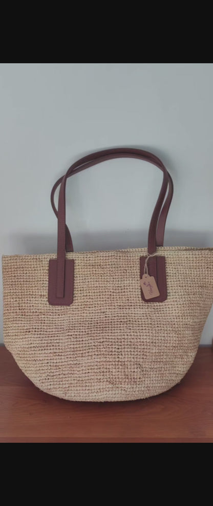 Handwoven Raffia Tote with Leather Straps