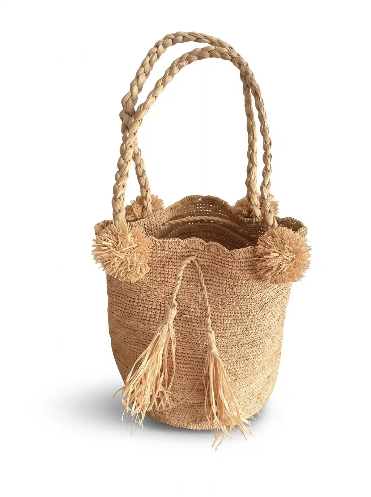 Pom-Pom Raffia Bucket Bag