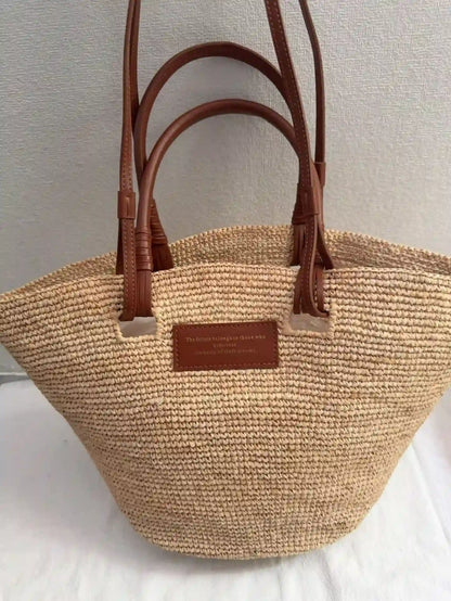French Chic Basket Bag with Genuine Leather Straps