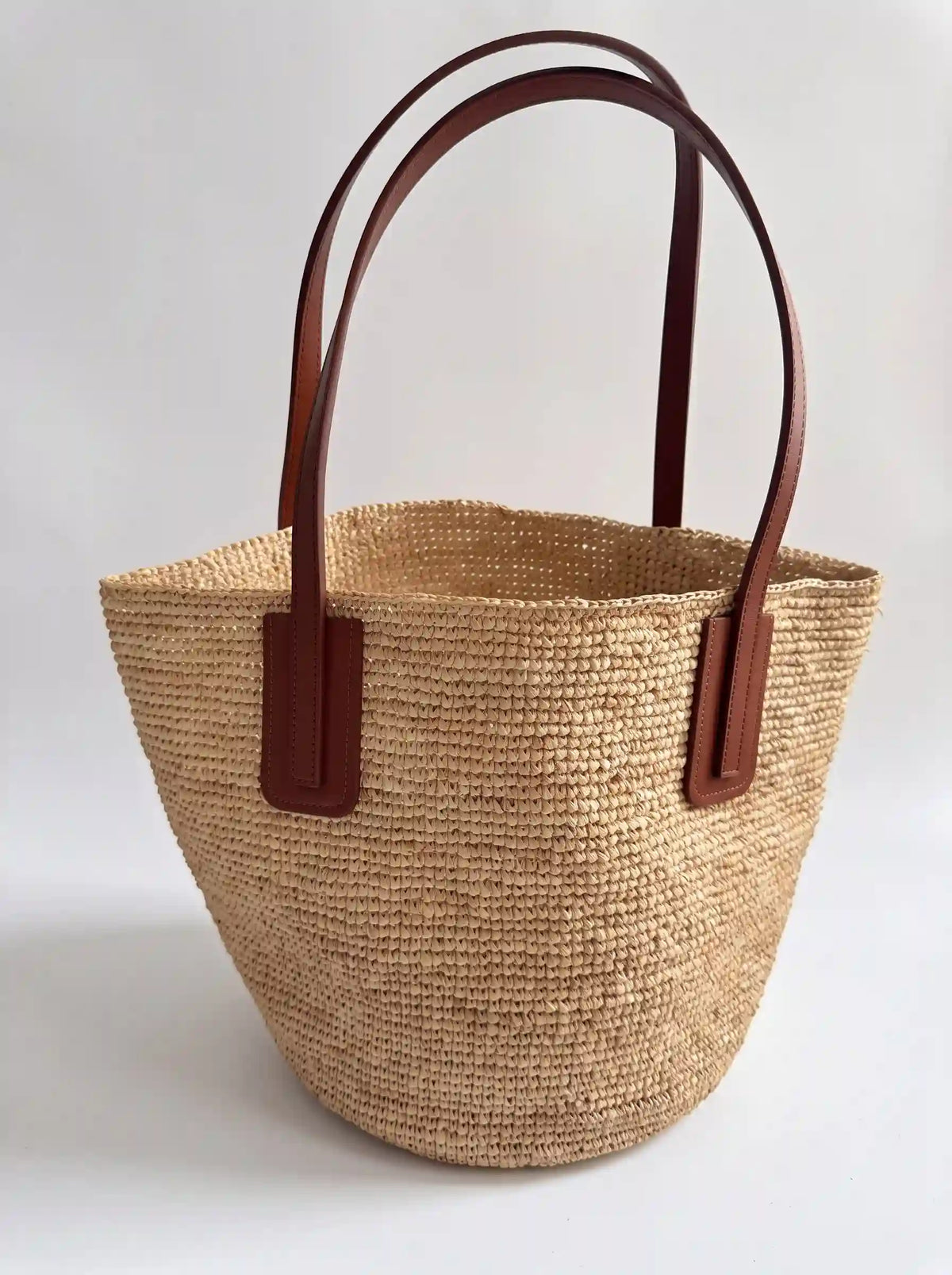 Handwoven Raffia Tote with Leather Straps