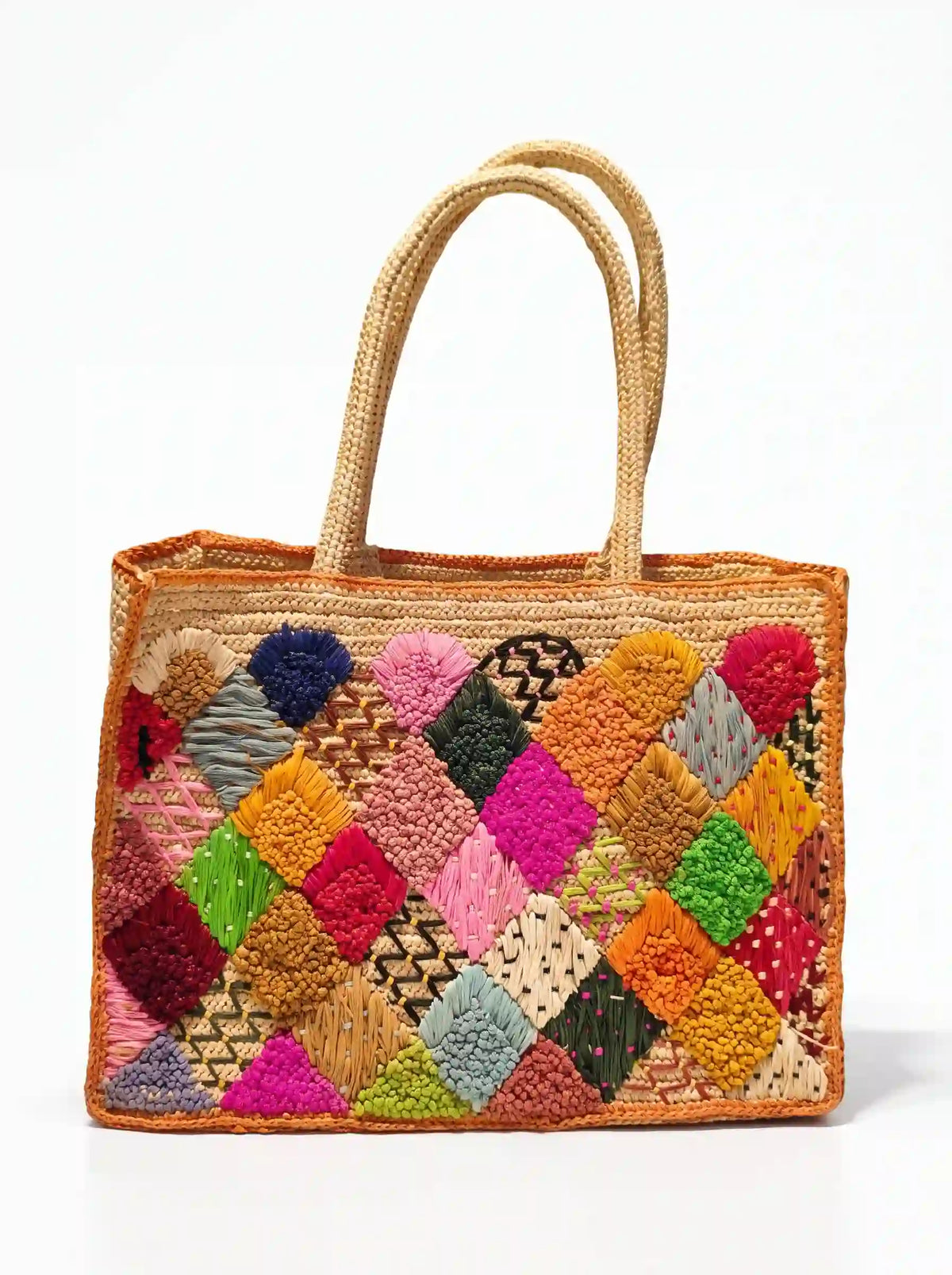 Colorful patchwork embroidered raffia tote bag – handwoven natural fiber with orange trim – artisan crochet summer handbag