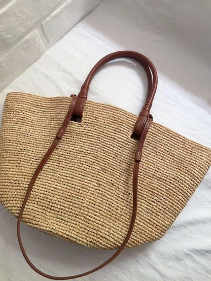French Chic Basket Bag with Genuine Leather Straps