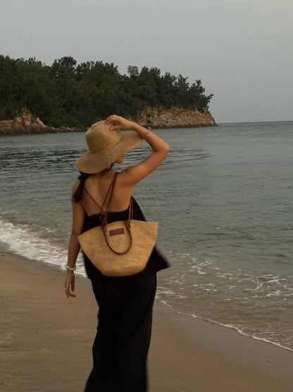 French Chic Basket Bag with Genuine Leather Straps