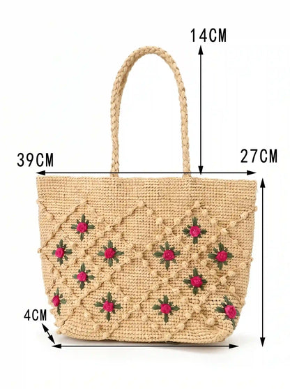 Handwoven Rose Raffia Tote Bag