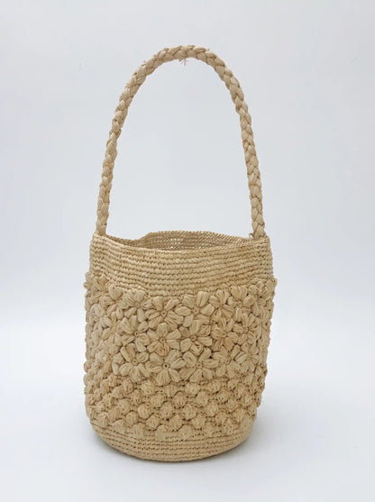 3D Floral Raffia Bucket Bag