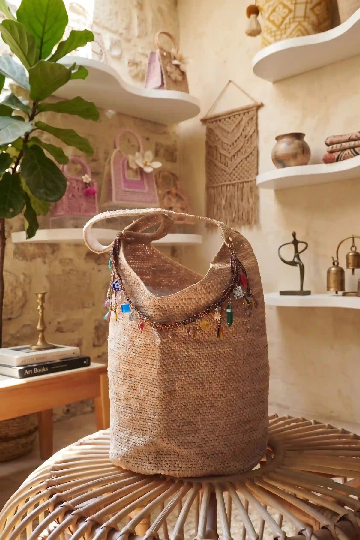 Handwoven Raffia Charm Shoulder Bag