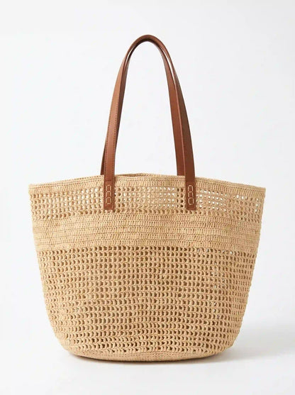 Handwoven Raffia Tote with Genuine Leather Handles