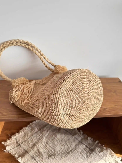 Pom-Pom Raffia Bucket Bag